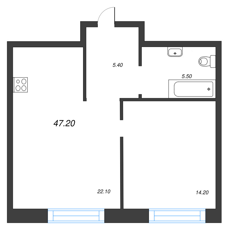 2-комнатная (Евро) квартира, 47.2 м² - планировка, фото №1