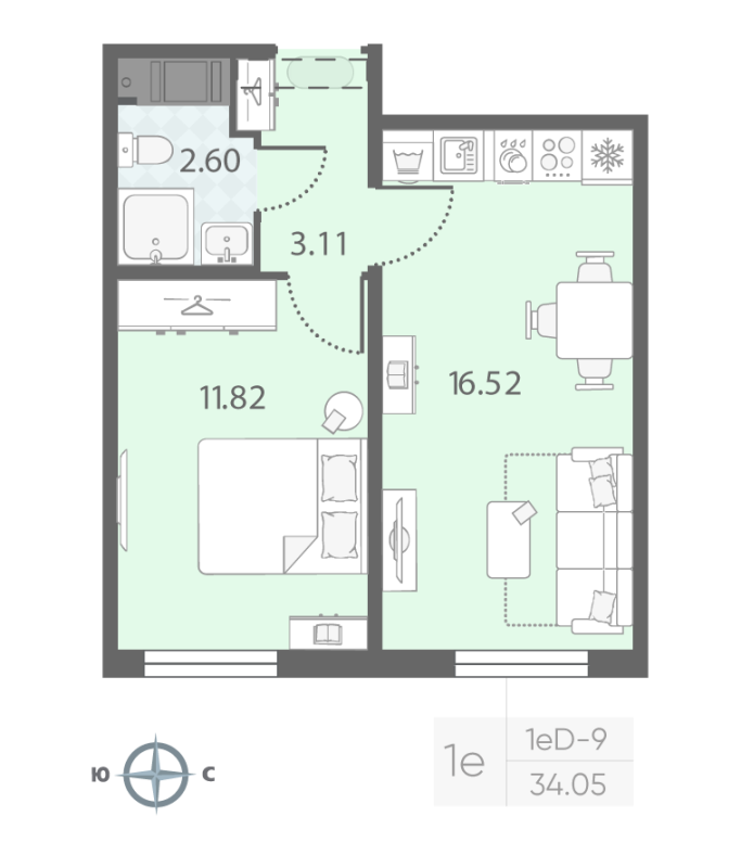 2-комнатная (Евро) квартира, 34.05 м² - планировка, фото №1