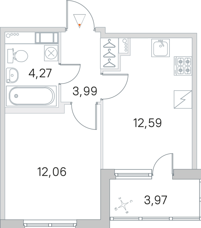 1-комнатная квартира, 32.91 м² - планировка, фото №1