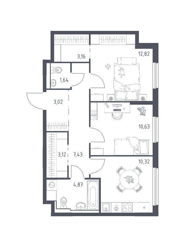 2-комнатная квартира, 56.83 м² - планировка, фото №1