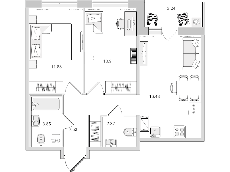 3-комнатная (Евро) квартира, 52.91 м² - планировка, фото №1