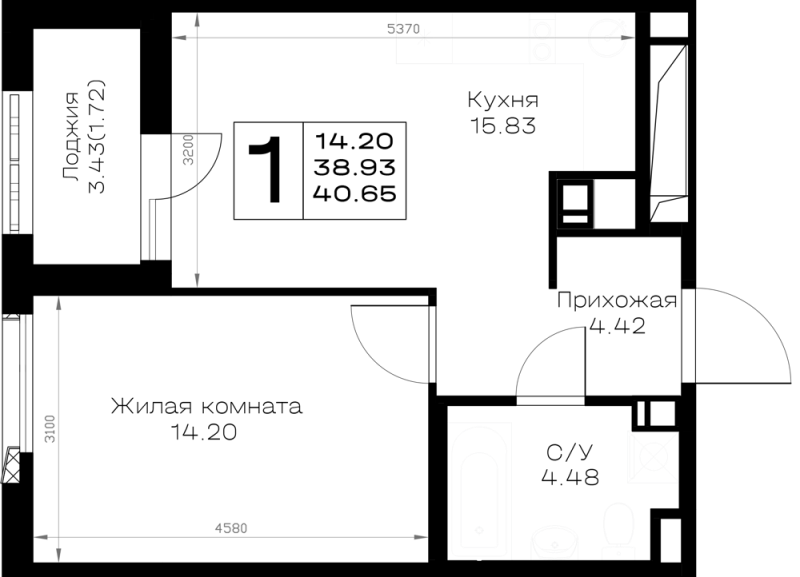 2-комнатная (Евро) квартира, 40.65 м² в ЖК "Борский" - планировка, фото №1