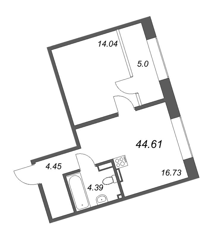 2-комнатная (Евро) квартира, 44.61 м² - планировка, фото №1
