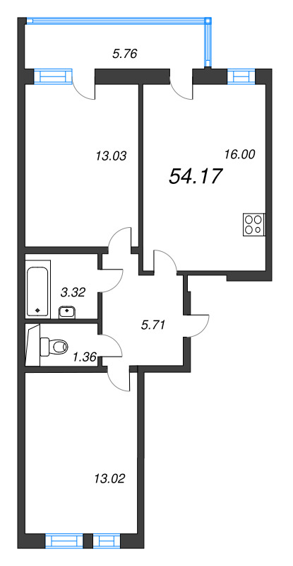 3-комнатная (Евро) квартира, 54.17 м² в ЖК "AEROCITY" - планировка, фото №1