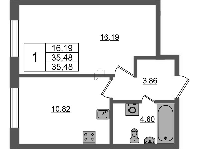 1-комнатная квартира, 35.48 м² в ЖК "Аквилон Янино" - планировка, фото №1