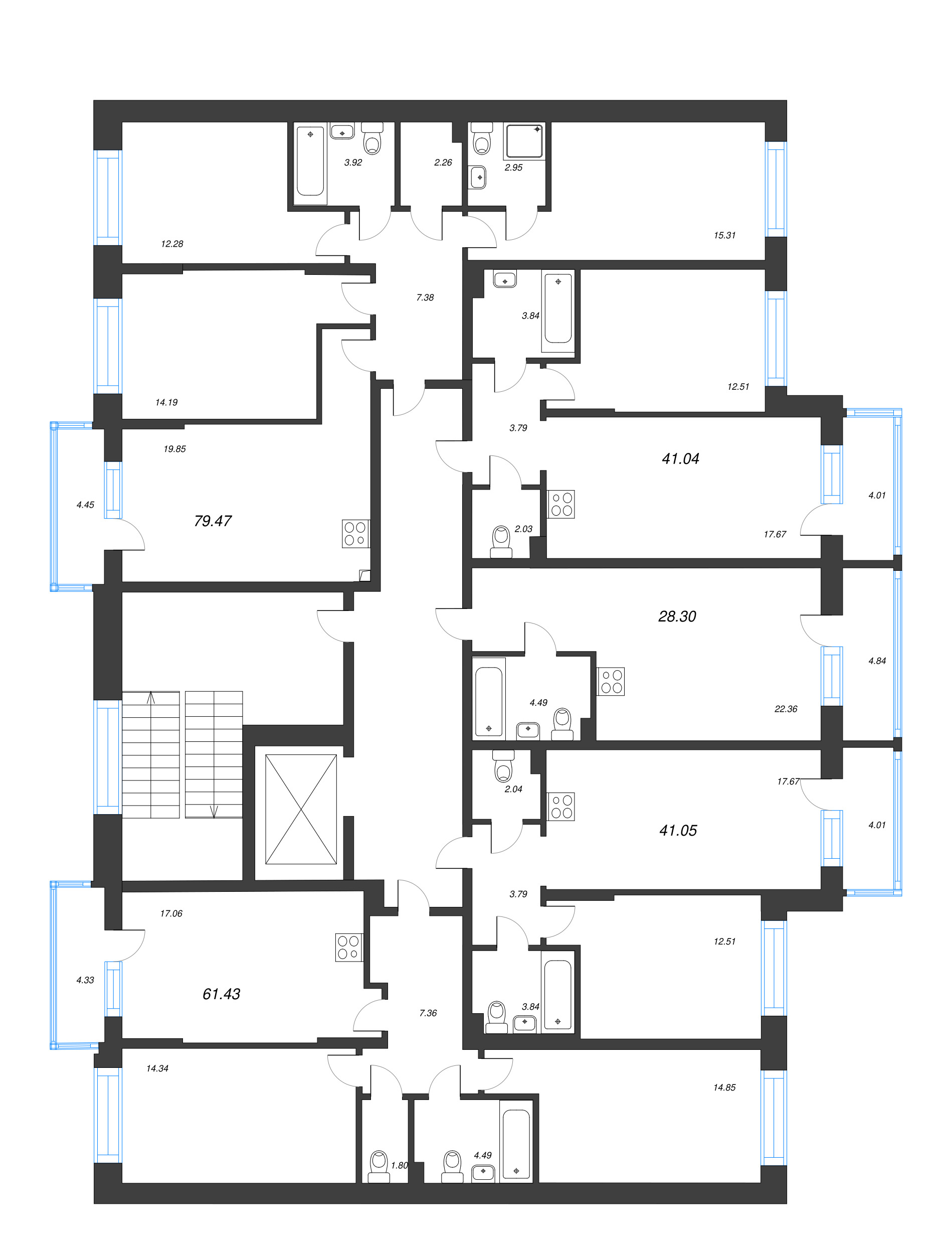 4-комнатная (Евро) квартира, 79.47 м² в ЖК "Охтинские высоты" - планировка этажа
