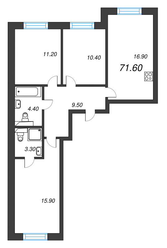 4-комнатная (Евро) квартира, 71.6 м² - планировка, фото №1