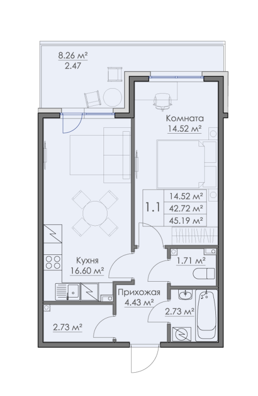 2-комнатная (Евро) квартира, 45.19 м² в ЖК "Малая Финляндия" - планировка, фото №1
