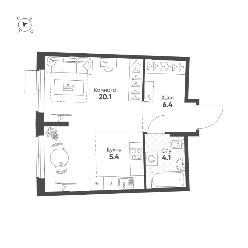 Квартира-студия, 36 м² в ЖК "Ягодное Река Парк" - планировка, фото №1