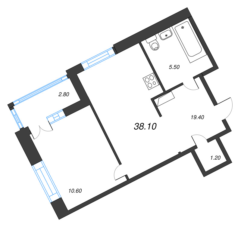 1-комнатная квартира, 38.4 м² - планировка, фото №1