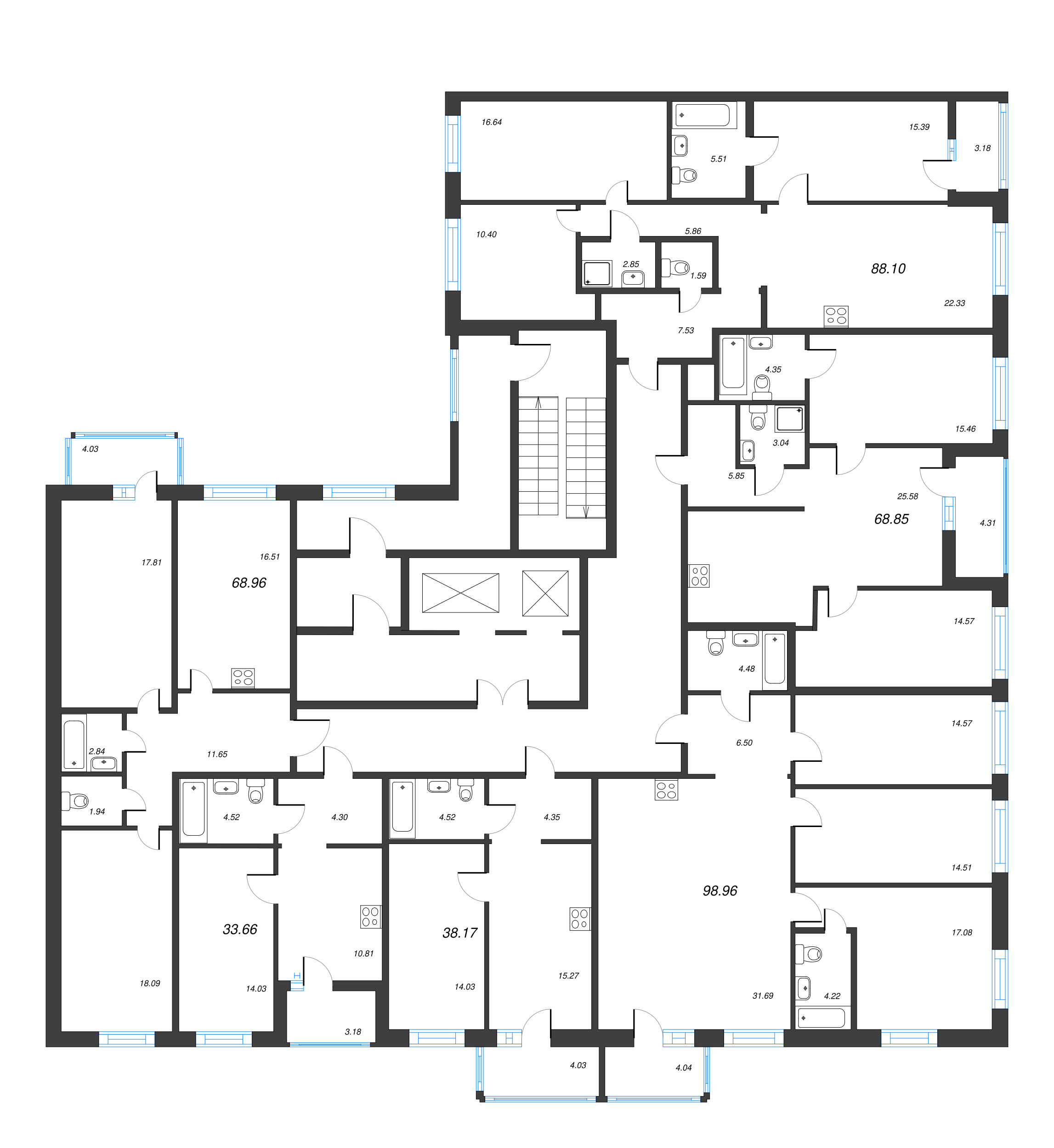 3-комнатная (Евро) квартира, 68.96 м² - планировка этажа