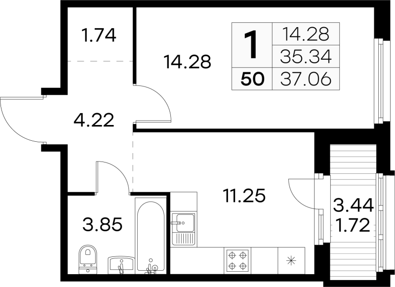 1-комнатная квартира, 37.06 м² - планировка, фото №1