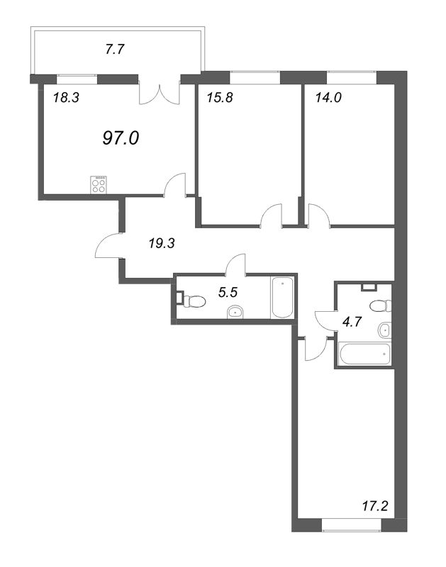 4-комнатная (Евро) квартира, 97 м² - планировка, фото №1