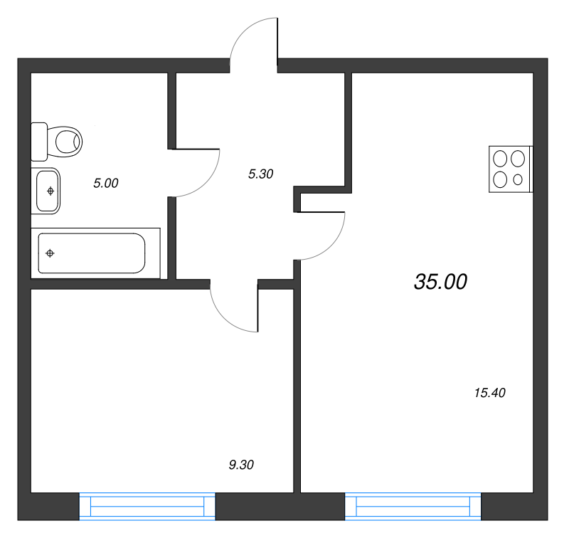 1-комнатная квартира, 35 м² - планировка, фото №1