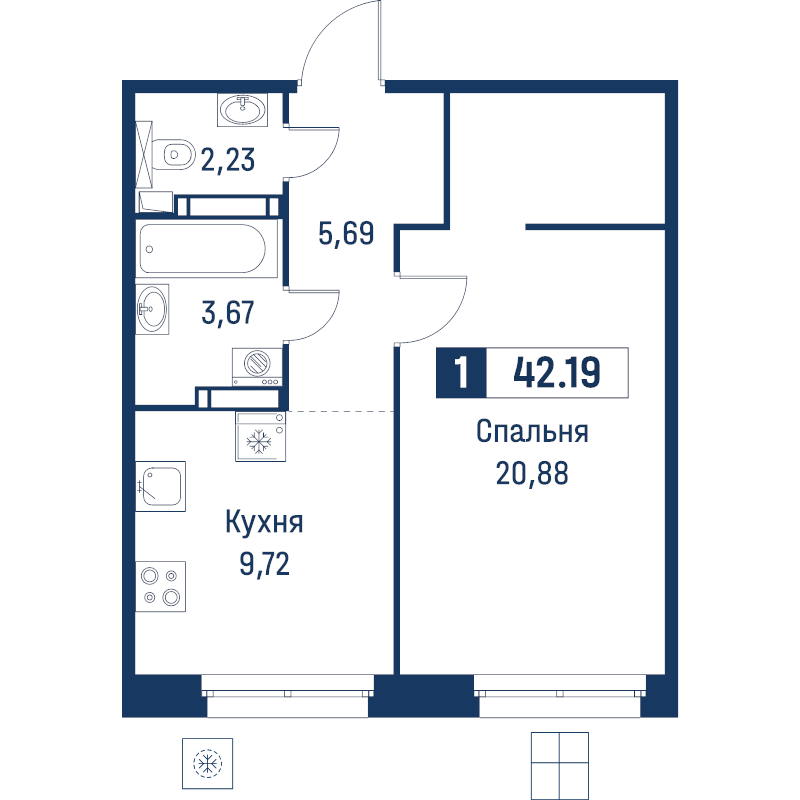 1-комнатная квартира, 42.19 м² в ЖК "Символист" - планировка, фото №1