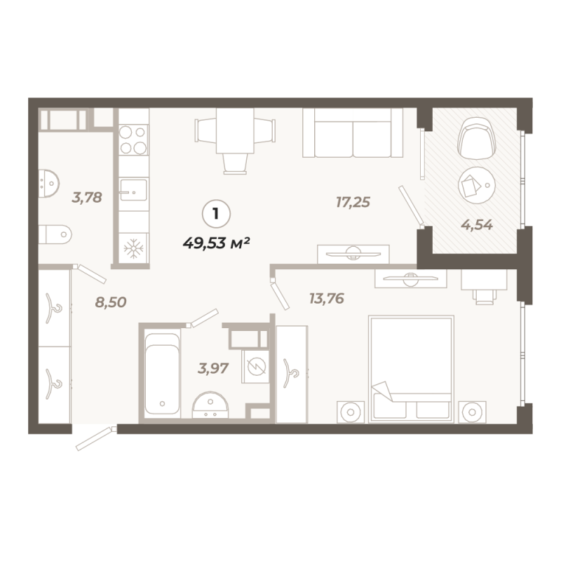 2-комнатная (Евро) квартира, 49.53 м² в ЖК "Знатный" - планировка, фото №1