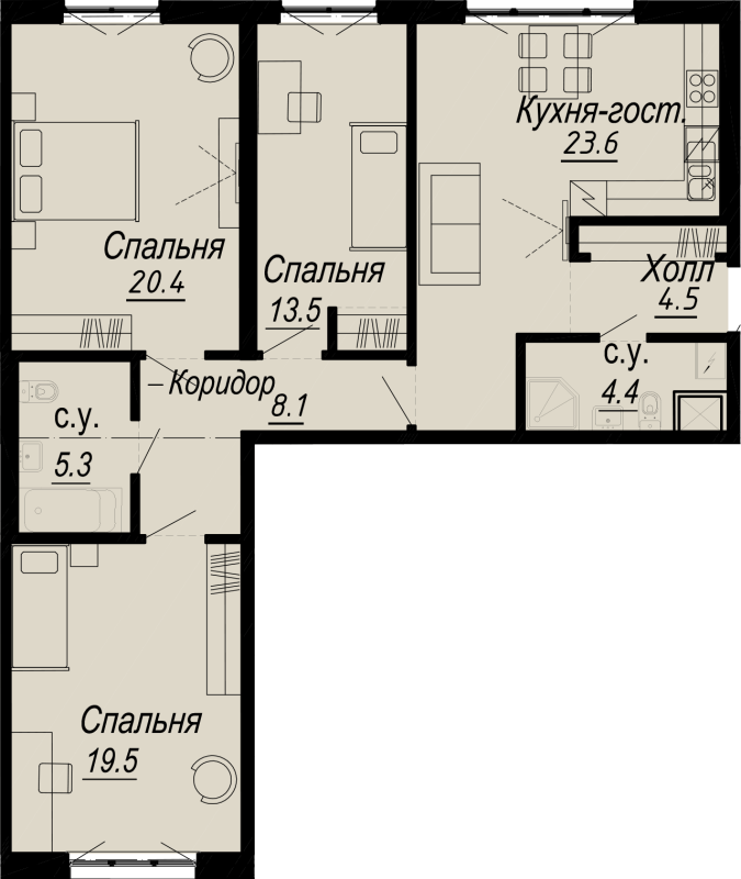 4-комнатная (Евро) квартира, 99.3 м² - планировка, фото №1