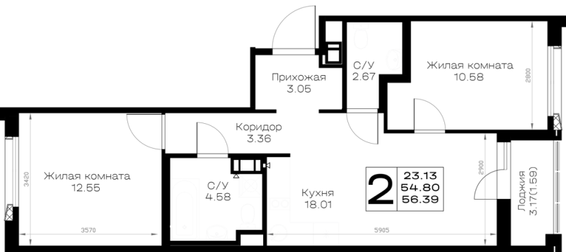 3-комнатная (Евро) квартира, 56.39 м² в ЖК "Борский" - планировка, фото №1