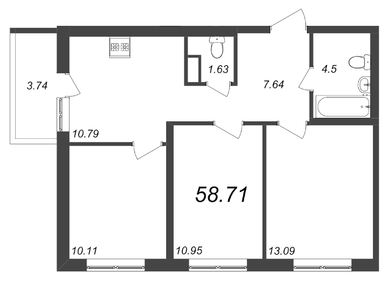 3-комнатная квартира, 58.71 м² - планировка, фото №1