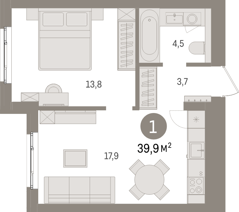 2-комнатная (Евро) квартира, 39.9 м² в ЖК "Брусника в Новоселье" - планировка, фото №1