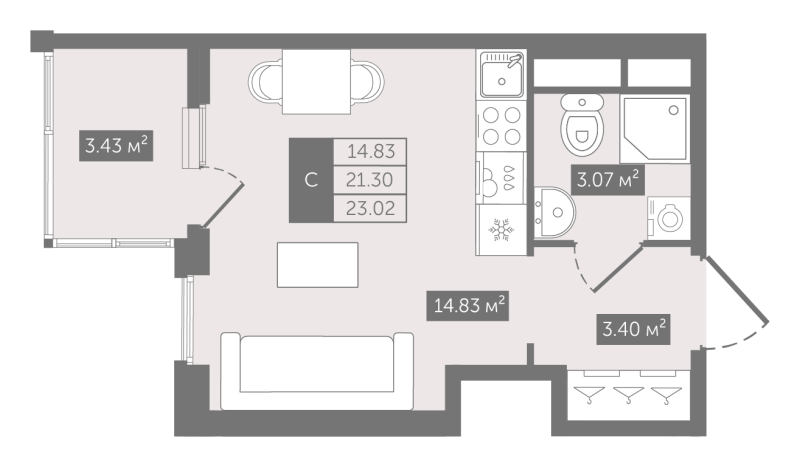 Квартира-студия, 23.02 м² - планировка, фото №1