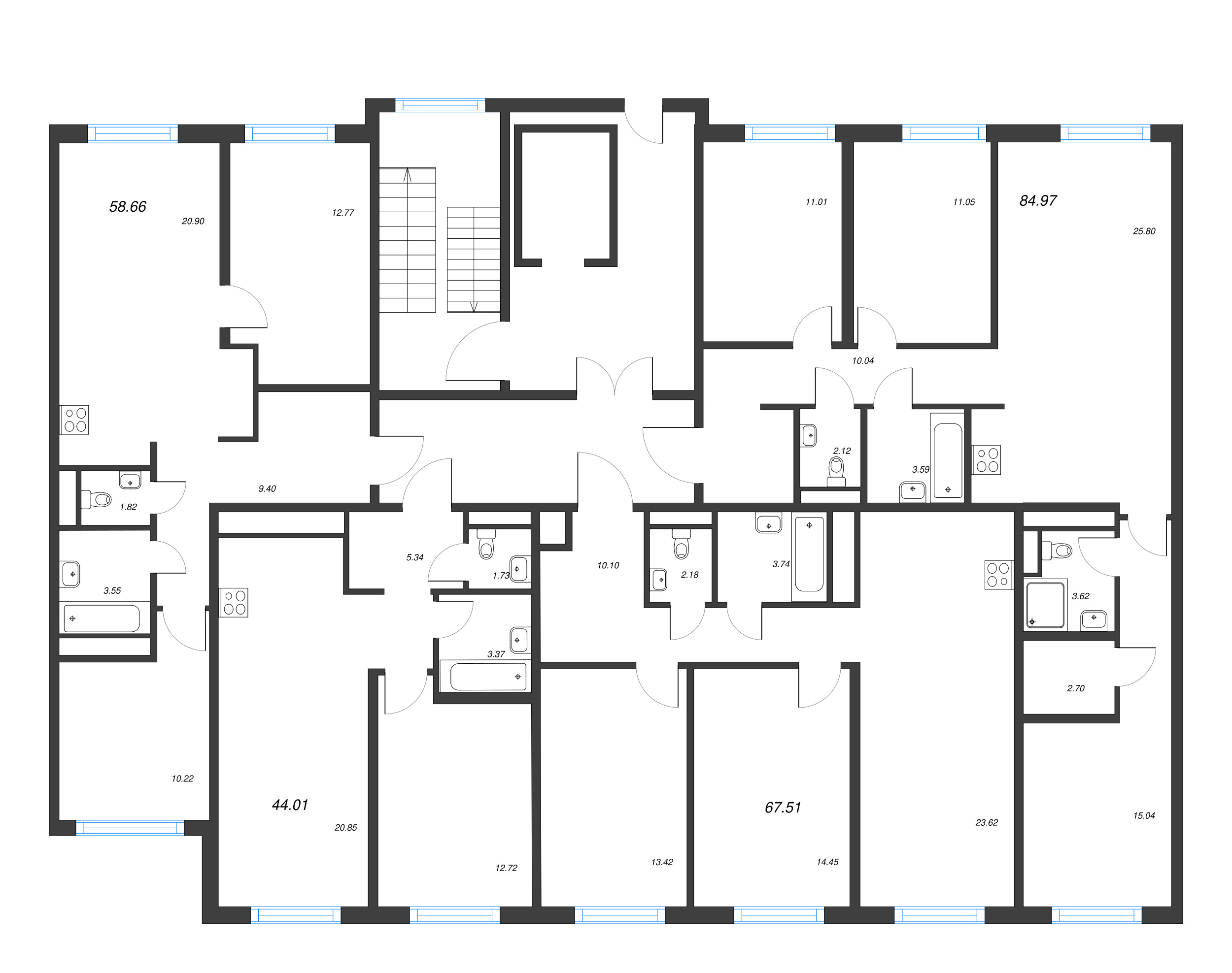 3-комнатная (Евро) квартира, 58.66 м² в ЖК "Legenda Васильевского" - планировка этажа