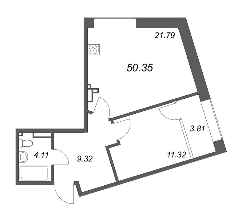 2-комнатная (Евро) квартира, 52.23 м² в ЖК "17/33 Петровский остров" - планировка, фото №1