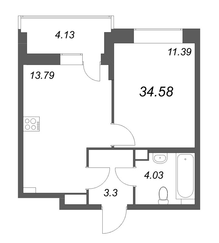 1-комнатная квартира, 34.58 м² - планировка, фото №1