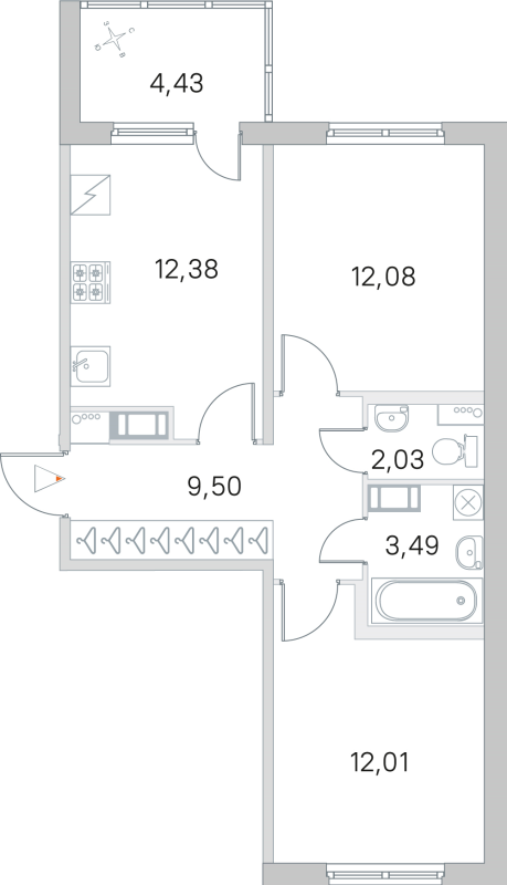 2-комнатная квартира, 51.49 м² - планировка, фото №1