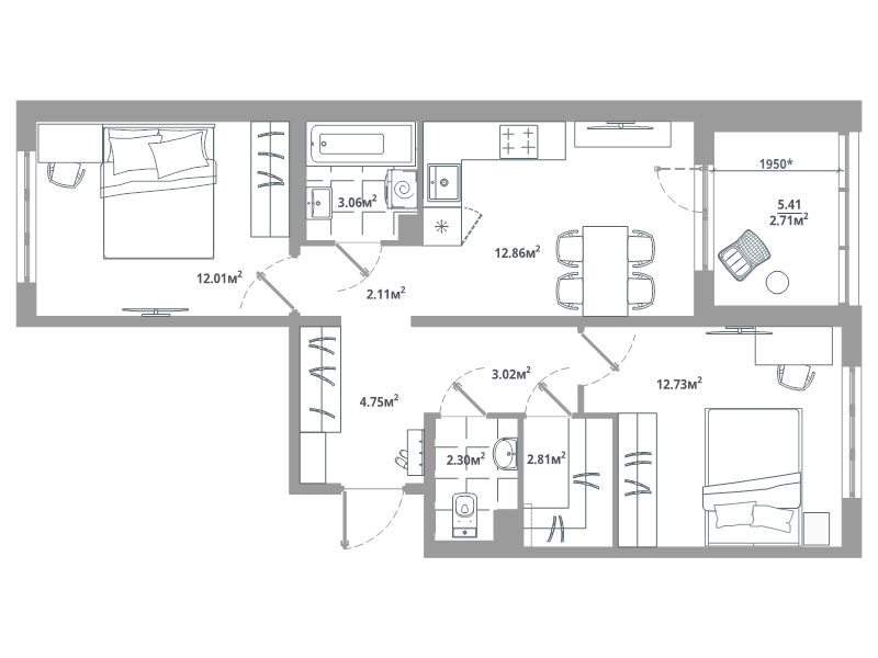 2-комнатная квартира, 58.36 м² в ЖК "ЛесАрт" - планировка, фото №1
