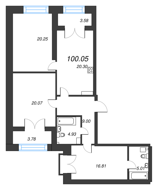 3-комнатная квартира, 100.05 м² - планировка, фото №1