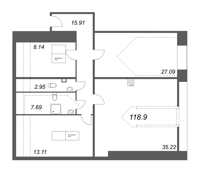 3-комнатная квартира, 116.77 м² - планировка, фото №1