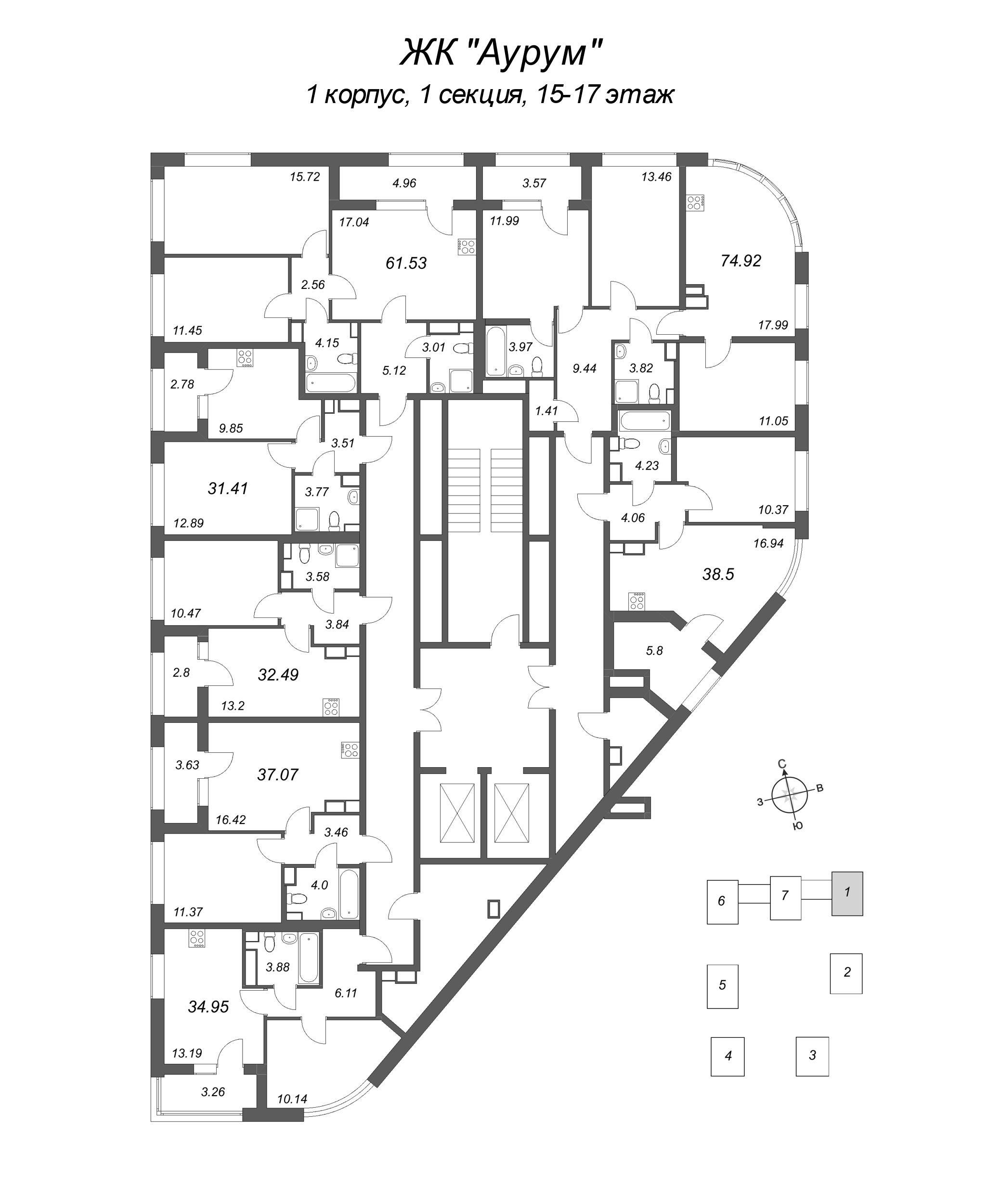 4-комнатная (Евро) квартира, 74.92 м² в ЖК "Аурум" - планировка этажа