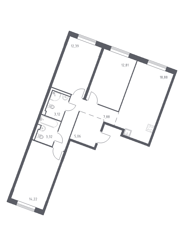 4-комнатная (Евро) квартира, 77.68 м² в ЖК "Квартал Лаголово" - планировка, фото №1