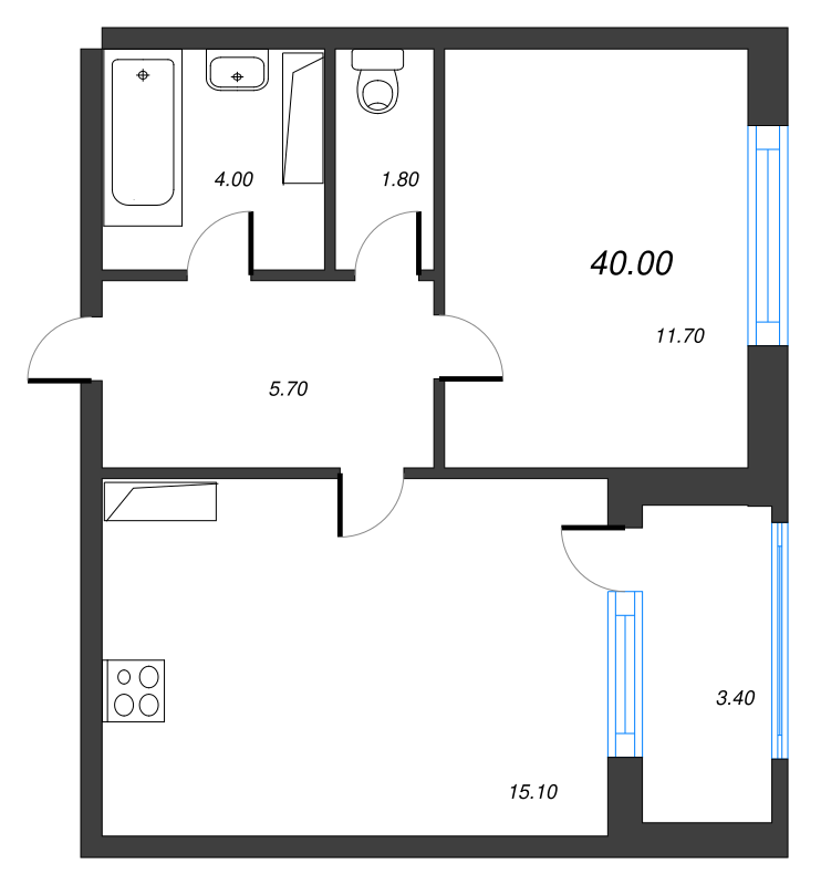2-комнатная (Евро) квартира, 40 м² - планировка, фото №1