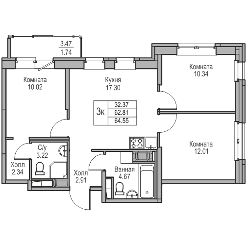 4-комнатная (Евро) квартира, 64.55 м² в ЖК "Юнтолово" - планировка, фото №1