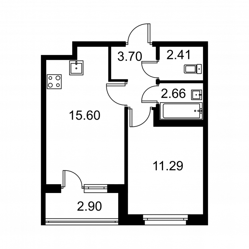2-комнатная (Евро) квартира, 37.11 м² в ЖК "Квартал Заречье" - планировка, фото №1