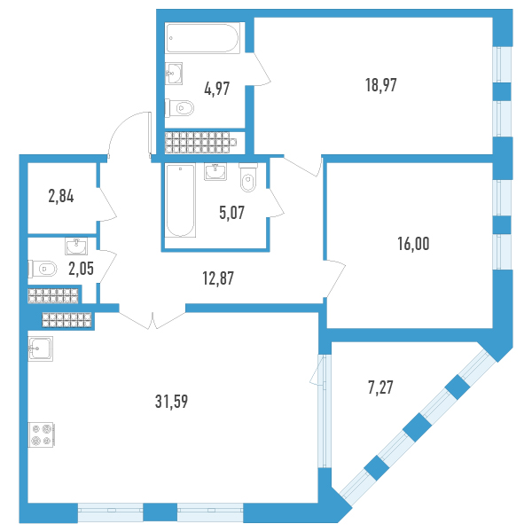 2-комнатная квартира, 98 м² - планировка, фото №1