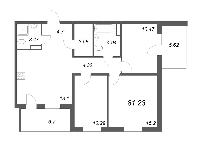 4-комнатная (Евро) квартира, 75.07 м² в ЖК "Юттери" - планировка, фото №1