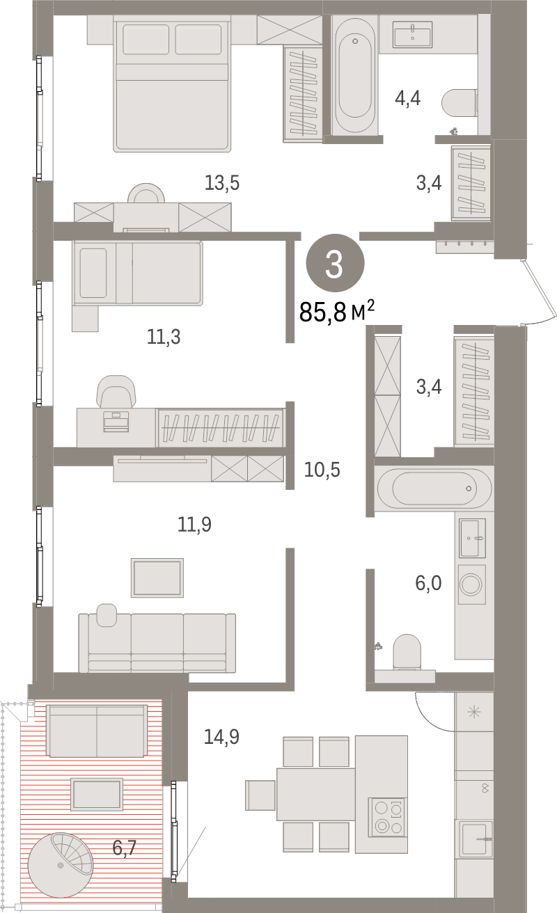 3-комнатная квартира, 85.8 м² - планировка, фото №1