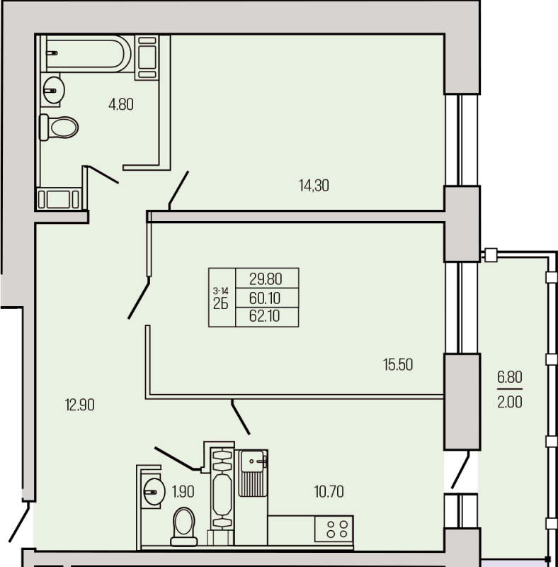 2-комнатная квартира, 62.1 м² в ЖК "Экос" - планировка, фото №1