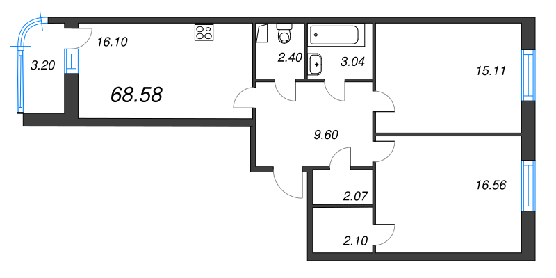 2-комнатная квартира, 68.58 м² - планировка, фото №1