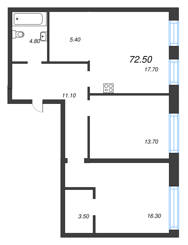 3-комнатная (Евро) квартира, 72.5 м² в ЖК "ЛДМ" - планировка, фото №1