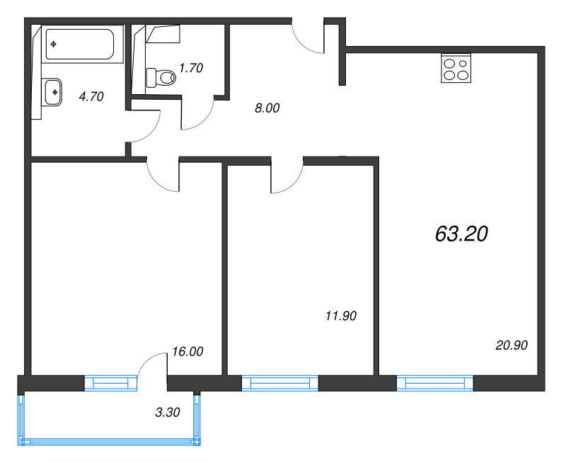 3-комнатная (Евро) квартира, 63.2 м² в ЖК "Руднева 15" - планировка, фото №1