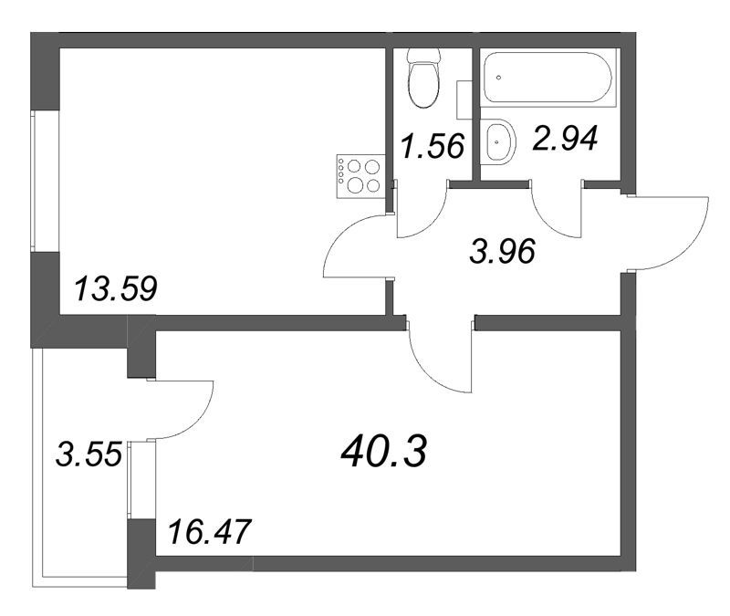 1-комнатная квартира, 40.3 м² в ЖК "АРО" - планировка, фото №1
