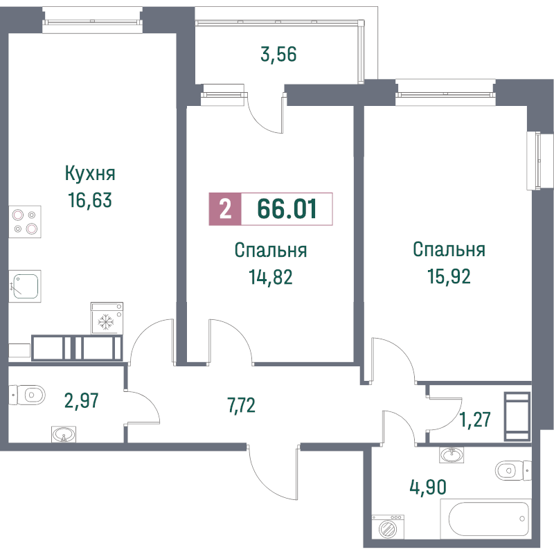 3-комнатная (Евро) квартира, 66.01 м² - планировка, фото №1