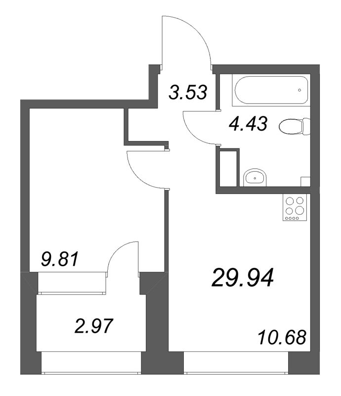 1-комнатная квартира, 29.94 м² в ЖК "Аквилон Солар Парк" - планировка, фото №1