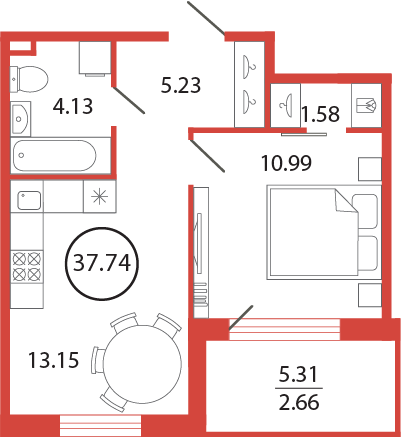 2-комнатная (Евро) квартира, 37.74 м² - планировка, фото №1