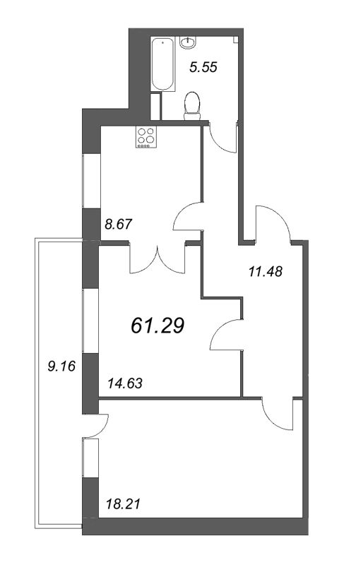 2-комнатная квартира, 61.29 м² - планировка, фото №1