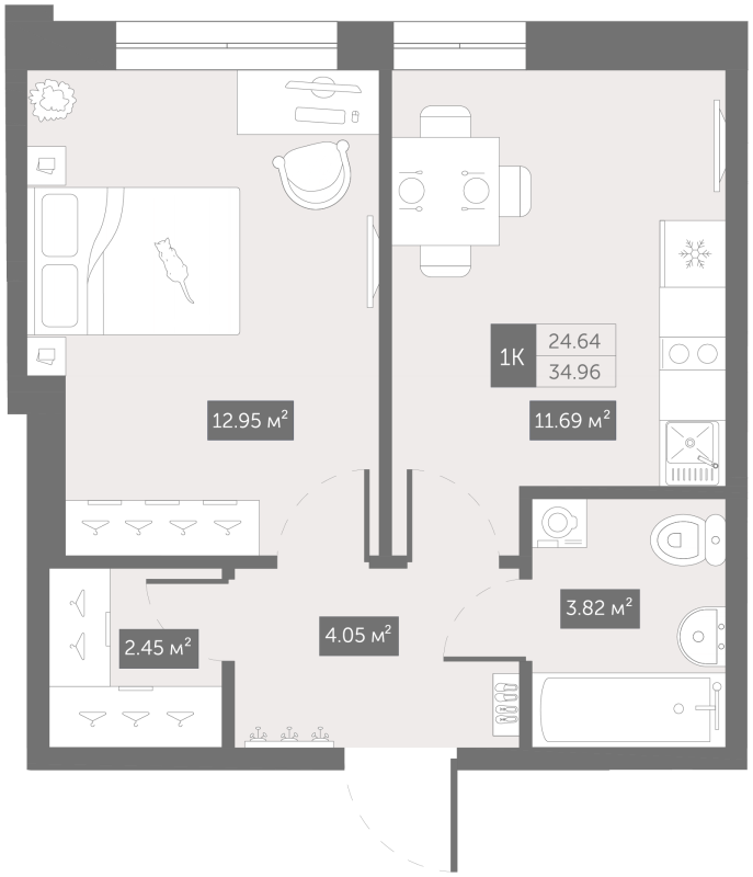 1-комнатная квартира, 35.9 м² в ЖК "Зум Чёрная Речка" - планировка, фото №1